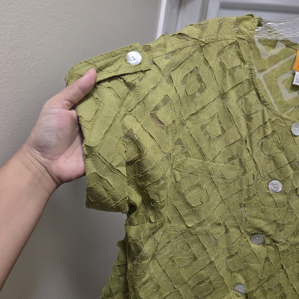 Ruby Rd. Cotton Blend Lace Overlay Button Front Top | Textured Green - Picture 3 of 6
